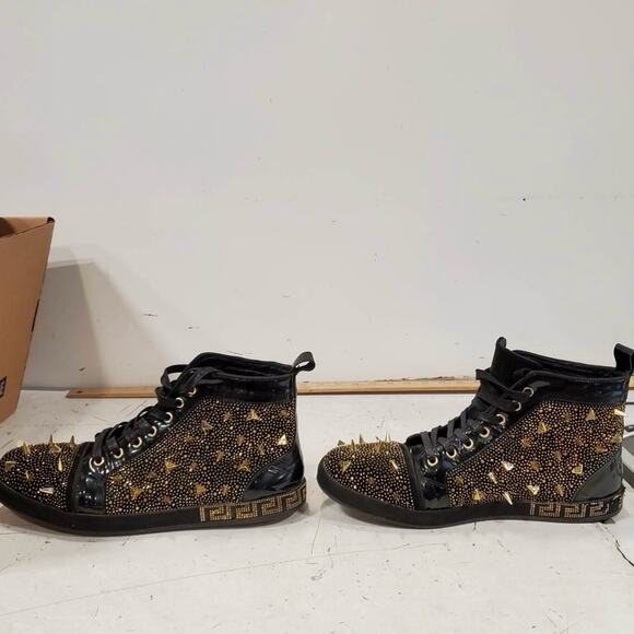 Barabas Men’s 10 Studded Spiked Black and Gold High-Top Sneakers - Picture 6 of 8